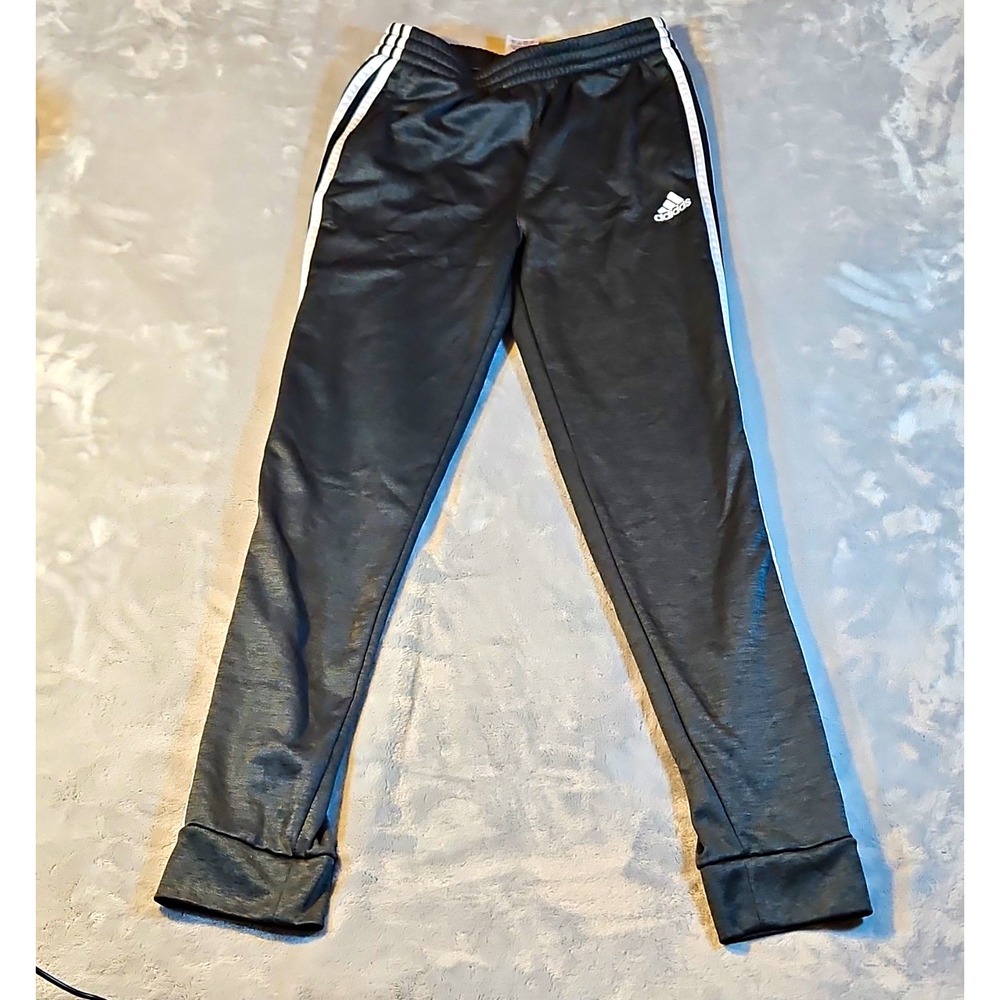 adidas Boys Jogger Track Pants L (14/16) Gray/White Striped Fleece Pull-On